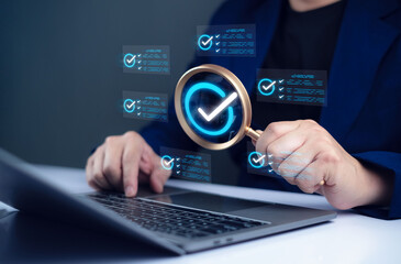 Check online reviews, customer feedback, and satisfaction rating with five stars, showing digital marketing and customer experience strategy analyzing data on laptop with digital check marks displayed