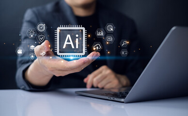 Ai data analytic business digital icons powered Data Platform and symbols related to artificial intelligence AI against business global online e commerce finance and bank data could