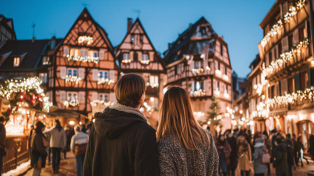 Romantic Evening at Colmar Christmas Market with Festive Lights, Half Timber Houses, and Crowds Enjoying Holiday Atmosphere