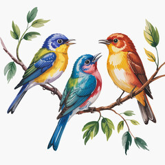 Obraz premium Three bright and vibrant birds sitting on a leafy branch, showcasing their stunning colors and intricate details, representing the beauty of nature and avian diversity.