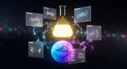 Futuristic Scientific Experiment with Glowing Beaker and Digital Data Interfaces, AI and Biotechnology Concept Background