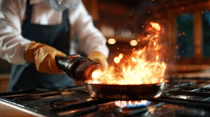 A skilled cook uses a torch to create an impressive flame in a frying pan, demonstrating culinary expertise, excitement, and the energetic atmosphere of a busy kitchen setting.