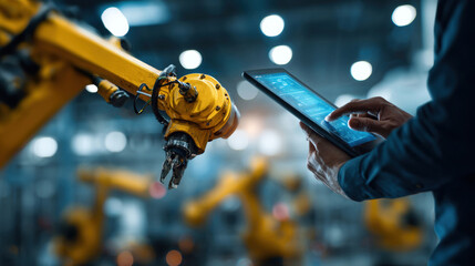Industrial robot arm controlled by a tablet in a modern factory setting. showcasing advanced manufacturing technology and digital control systems.