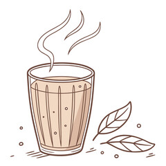 A hand drawn illustration of a steaming glass of chai tea with tea leaves and small circles scattered around on a white background