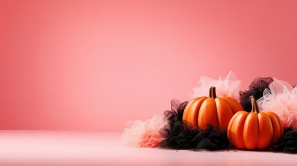 Lovely decorative pumpkins adorned with tulle create a charming autumn vibe against a delicate pink backdrop, perfect for holiday celebrations and festive decor inspiration.