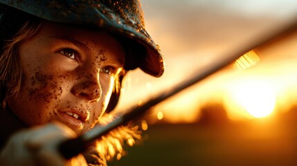 A close-up shot of a determined boy covered in dirt, focused on aiming his bow, capturing the spirit of adventure and the essence of childhood play in a dramatic sunset backdrop.