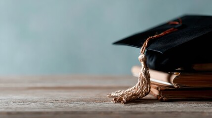 A graduation cap resting on stacked books symbolizing academic achievement and the journey of education. The soft background complements the focus on the cap.