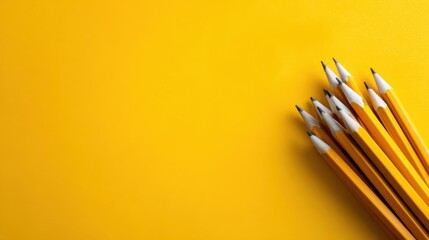 This image showcases a collection of colorful yellow pencils arranged neatly against a vibrant yellow background, creating a cheerful and eye-catching visual effect.