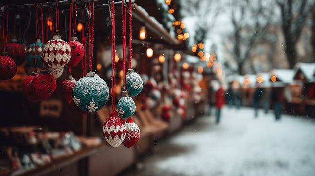 Traditional Christmas Market Ornaments Displayed Outdoors in Winter Lapland