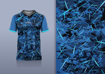 T-shirt mockup abstract texture grunge sport jersey design for football, soccer, racing, esports, running, blue black color © Nimpuna O