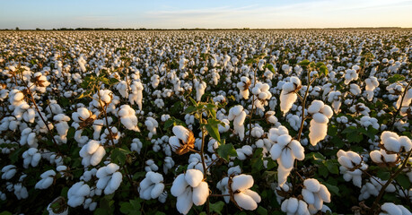 A breathtaking view of a large cotton field ready for harvest under a clear sky