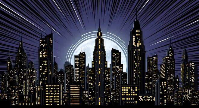 Stylized Cityscape at Night with Giant Moon and Radial Light Rays, Iconic Comic Book Urban Background