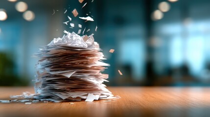 A chaotic swirl of shredded paper spills through the air in a modern office, signifying a busy atmosphere filled with constant activity and productivity.
