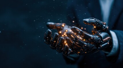 Futuristic robotic hands emerge from the darkness, grasping glowing sparks that represent innovation, technology, and the future of human-machine interaction.