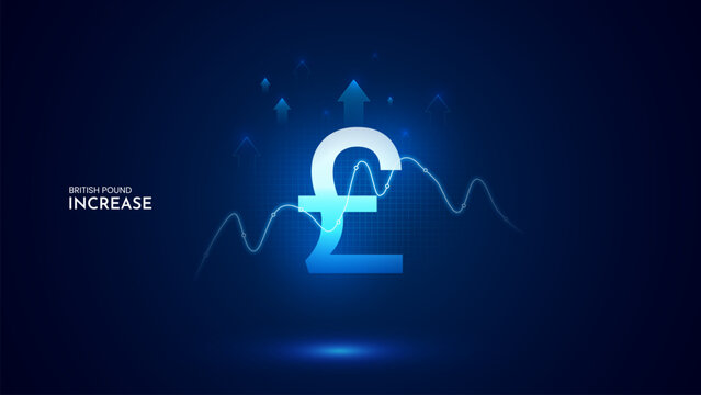 British Pound value increase with graph and blue background. British Pound increase vector illustration set. British Pound cost increase icon