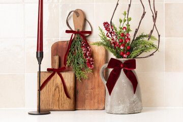 Christmas kitchen decor, red bows, preparations for Christmas and New Year