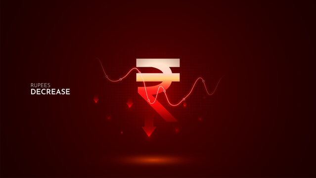Indian Rupees value decrease with graph and red background. Rupee  decrease vector illustration set. Indian Rupee cost decrease icon