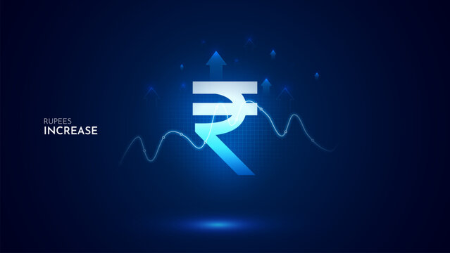 Indian Rupees value increase with graph and blue background. Rupee increase vector illustration set. Indian Rupee cost increase icon
