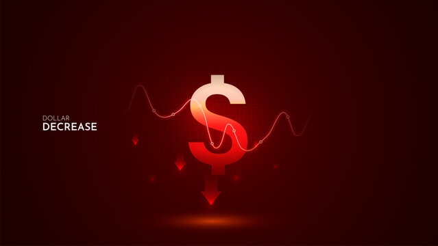 United States Dollar value decrease with graph and red background. Dollar  decrease vector illustration set. United States Dollar cost decrease icon