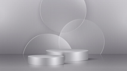 3D realistic modern luxury style shiny metallic podium stand with clear glass backdrop minimal wall scene on clean background. Use for beauty cosmetic presentation, showcase mockup
