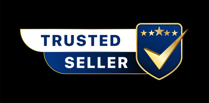 Trusted Seller verification badge with blue shield, gold checkmark and five star rating for ecommerce, marketplace and online store trust icon vector