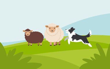 A charming scene showcasing playful sheep and a dog in a verdant, scenic landscape, symbolizing harmony and the idyllic simplicity of rural life and companionship in nature.