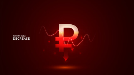 Ruble value decrease with graph and red background. Ruble decrease vector illustration set. Ruble cost decrease icon