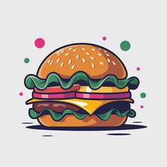 An enticing illustration of a perfectly crafted hamburger, showcasing an array of fresh ingredients with vibrant colors, representing the joy and satisfaction of good food in a playful style.
