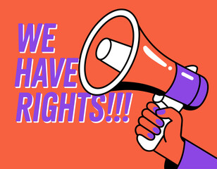 An impactful illustration of a red megaphone against a vibrant background conveys a strong message advocating for rights, symbolizing empowerment and social justice.