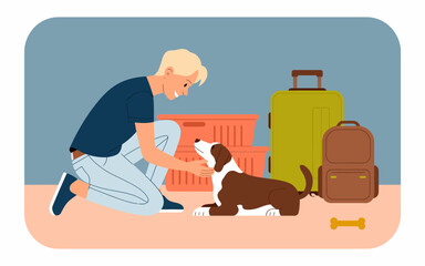 A cheerful young man kneels down to play and bond with his puppy, surrounded by luggage and pet supplies, capturing a moment of companionship and joy.