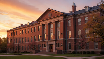 university-style building with a prominent central entrance and symmetrical wings, lit by warm sunset light, HD and 4k image