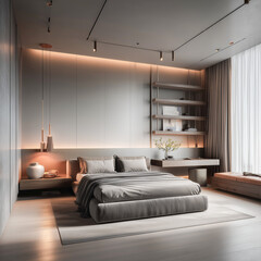 modern minimalist bedroom with warm lighting and shelves