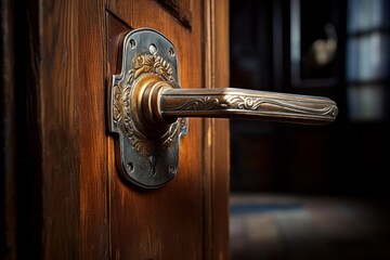 Obraz premium Close up of an ornate metal door handle mounted on a wooden door, showcasing intricate details and craftsmanship