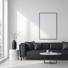 clean contemporary living space with black couch and white walls