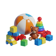Obraz premium Collection of colorful children s toys including a beach ball teddy bear and building blocks isolated on transparent background