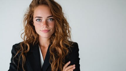 A confident young woman with curly hair and a warm smile posing in a formal black blazer, conveying empowerment and professionalism against a neutral backdrop.