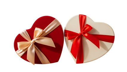 A pink gift box with a large bunch of shiny red heart shaped balloons floating upwards isolated on transparent background