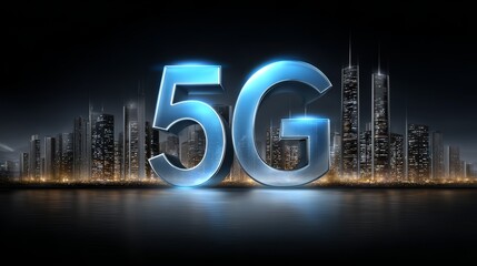 Futuristic 5G network concept with glowing typography over modern city skyline, high speed wireless technology illustration in dark blue night atmosphere
