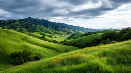 Rolling green hills under dramatic cloudy sky, lush countryside landscape with soft light and layered fields, peaceful natural scenery for travel and nature themes
