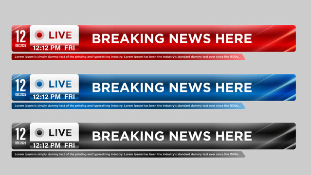 Set of lower third bar templates for breaking news, sports news on television, video and media online. Newscast lower third banner vector. Newscast lower third banner vector.