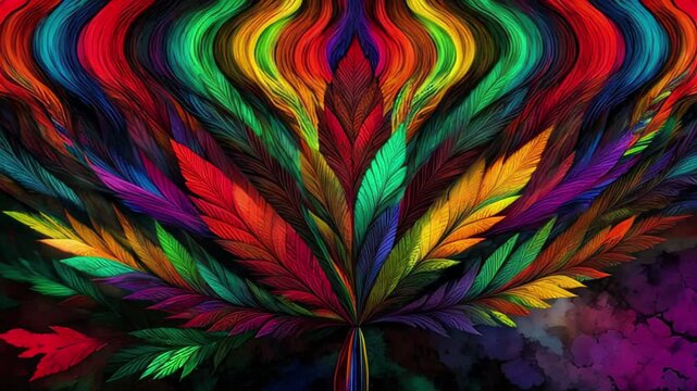 Colorful Marijuana leaf Cannabis Background Seamless Loop animation evolving glowing psychedelic Background