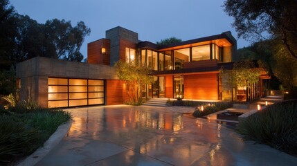 Modern architectural design of a stylish home with large windows and inviting exterior at dusk surrounded by lush greenery