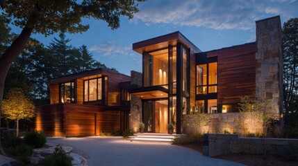 Fototapeta premium Modern luxury residence with striking architecture and illuminated pathway at twilight surrounded by vibrant landscaping
