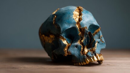 A creatively designed skull, adorned with blue and gold hues, rests on a wooden surface, blending artistry with a macabre essence, inviting contemplation on life and mortality.