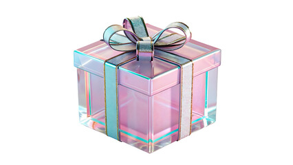 A beautiful translucent pink gift box with a shimmering silver ribbon and bow isolated on transparent background