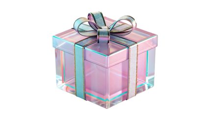 A beautiful translucent pink gift box with a shimmering silver ribbon and bow isolated on transparent background