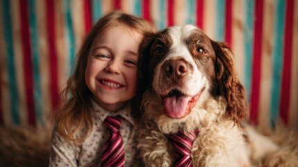 A delightful moment captured between a happy child and a playful dog, both wearing ties, set against a vibrant striped background that adds charm to their bond.
