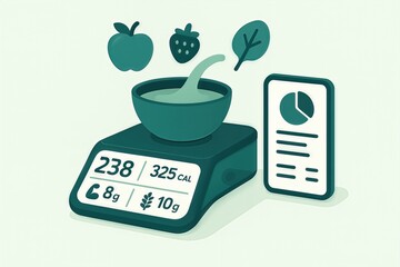 Nutritional analysis of healthy ingredients displayed on a digital scale with a bowl measuring food portions alongside a dietary chart illustrating calorie content and nutritional values