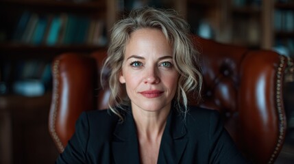 A poised woman with beautiful curls is seated in a luxurious leather chair, emanating confidence and sophistication amidst a scholarly environment filled with books.