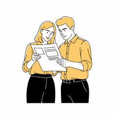 Minimal Vector Coworkers Reviewing Printed Document Together &ndash; Isolated Illustration
